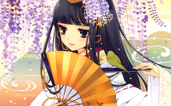 blue eyes smile miko outfit black hair long hair fan Anime Original HD Desktop Wallpaper | Background Image