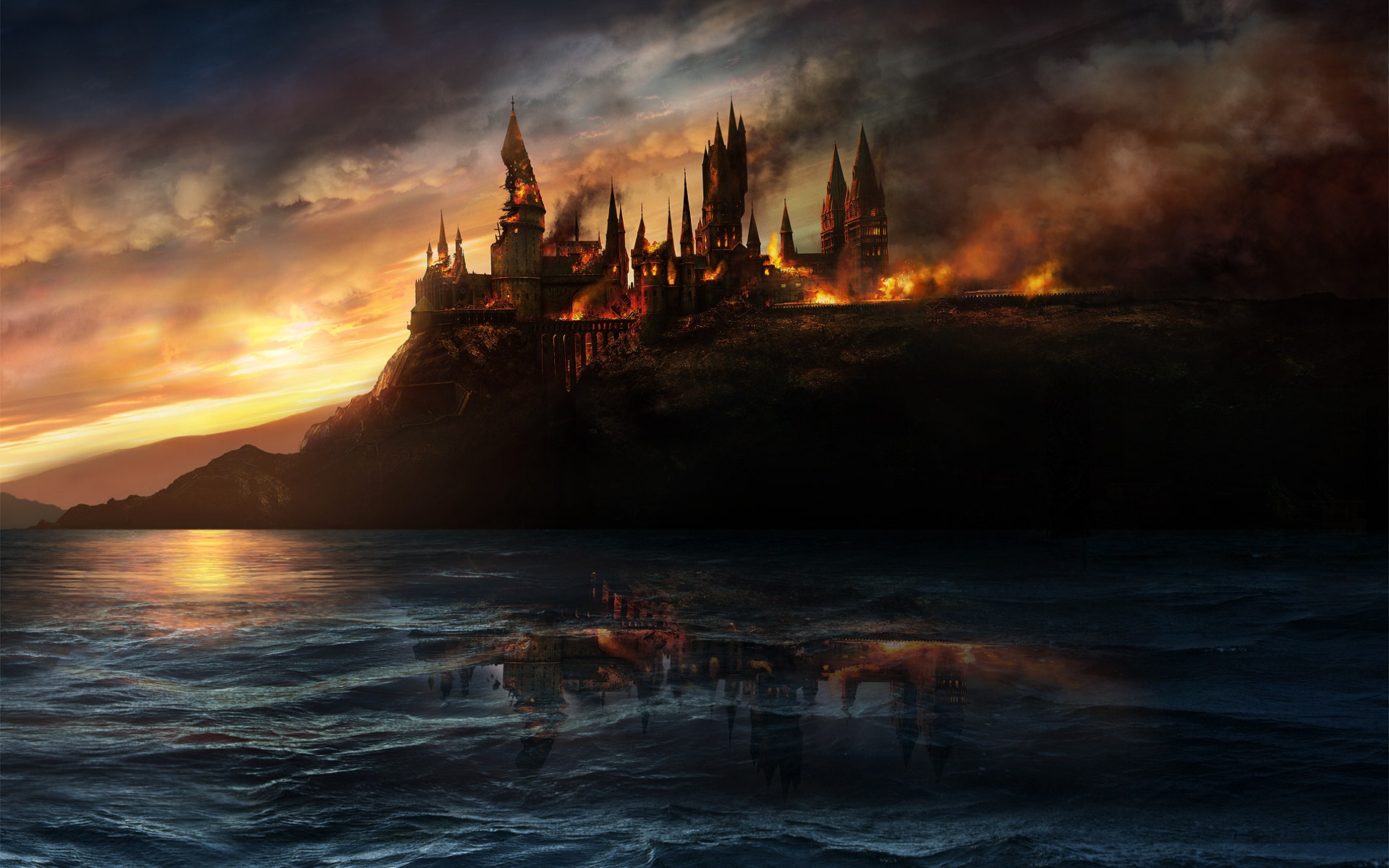 Hogwarts Castle engulfed in flames and smoke, creating a fiery and dramatic scene.
