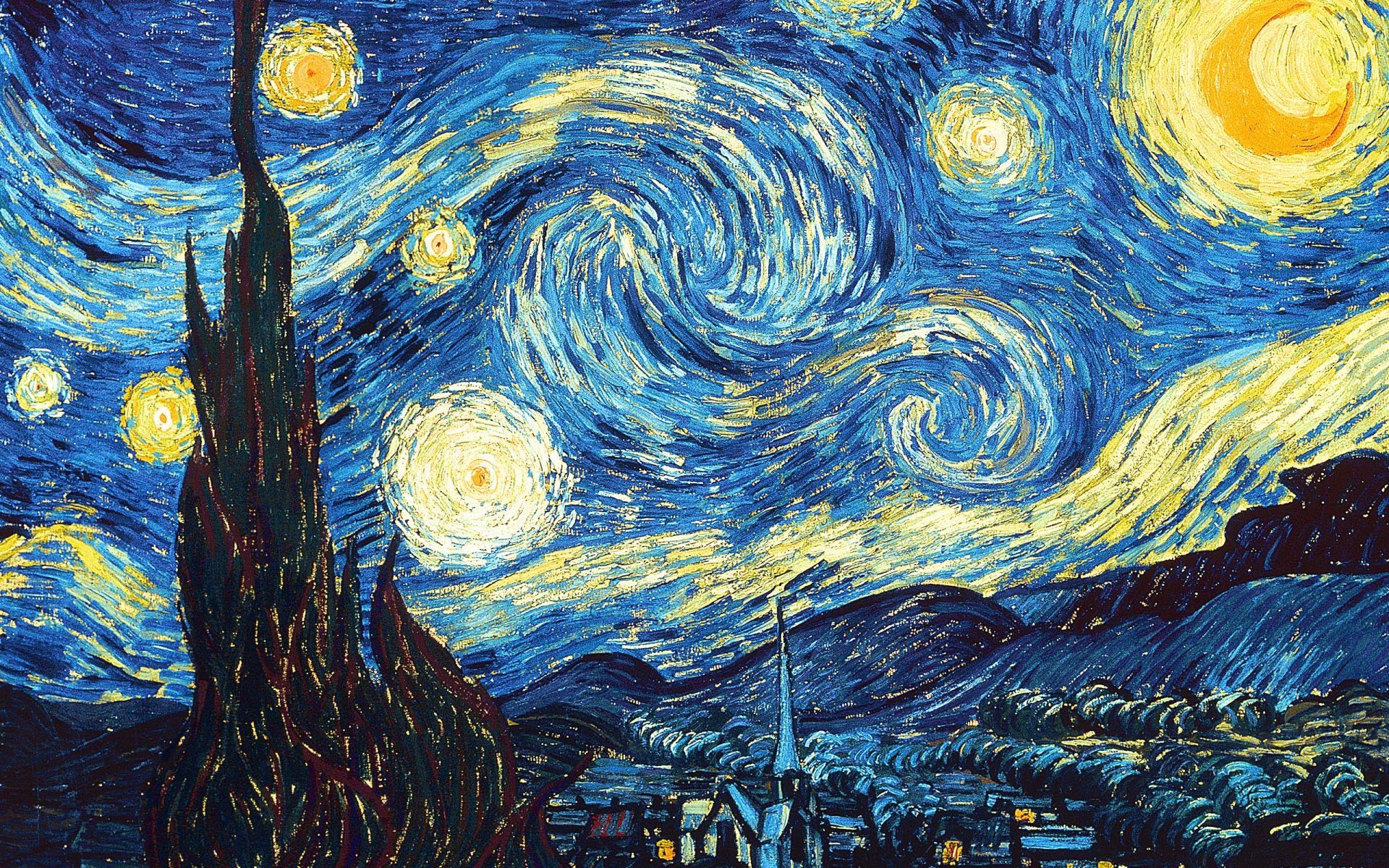 HD desktop wallpaper of Vincent Van Gogh's painting The Starry Night, depicting a swirling night sky over a quiet village with vibrant colors and bold brush strokes, creating an artistic atmosphere.
