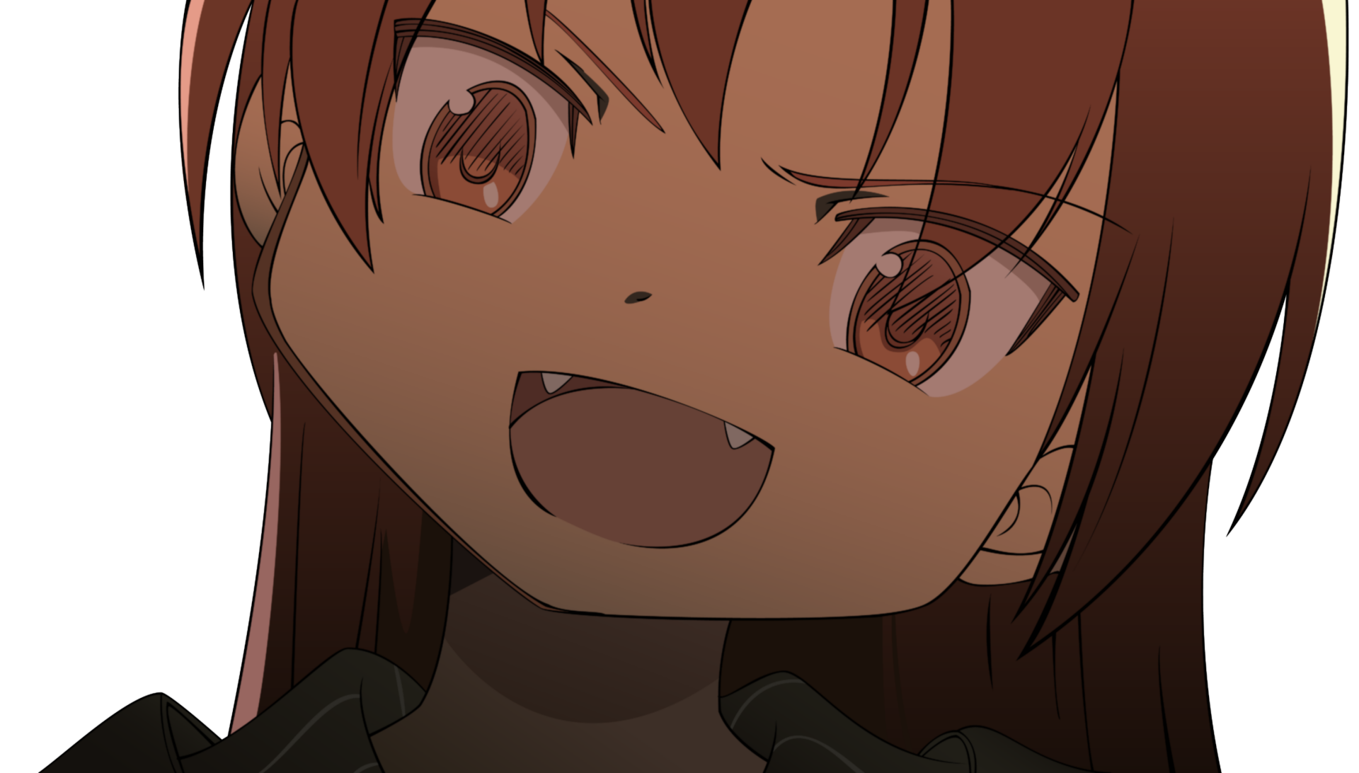 Close-up of Kyōko Sakura from Puella Magi Madoka Magica — anime character with red hair, fanged grin and red eyes; 2K Quad HD PC desktop wallpaper/background.