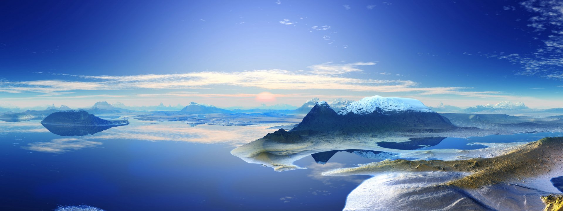 HD PC desktop wallpaper featuring a serene fantasy landscape with snowy mountains, calm waters, and a bright sky creating a tranquil and immersive atmosphere.