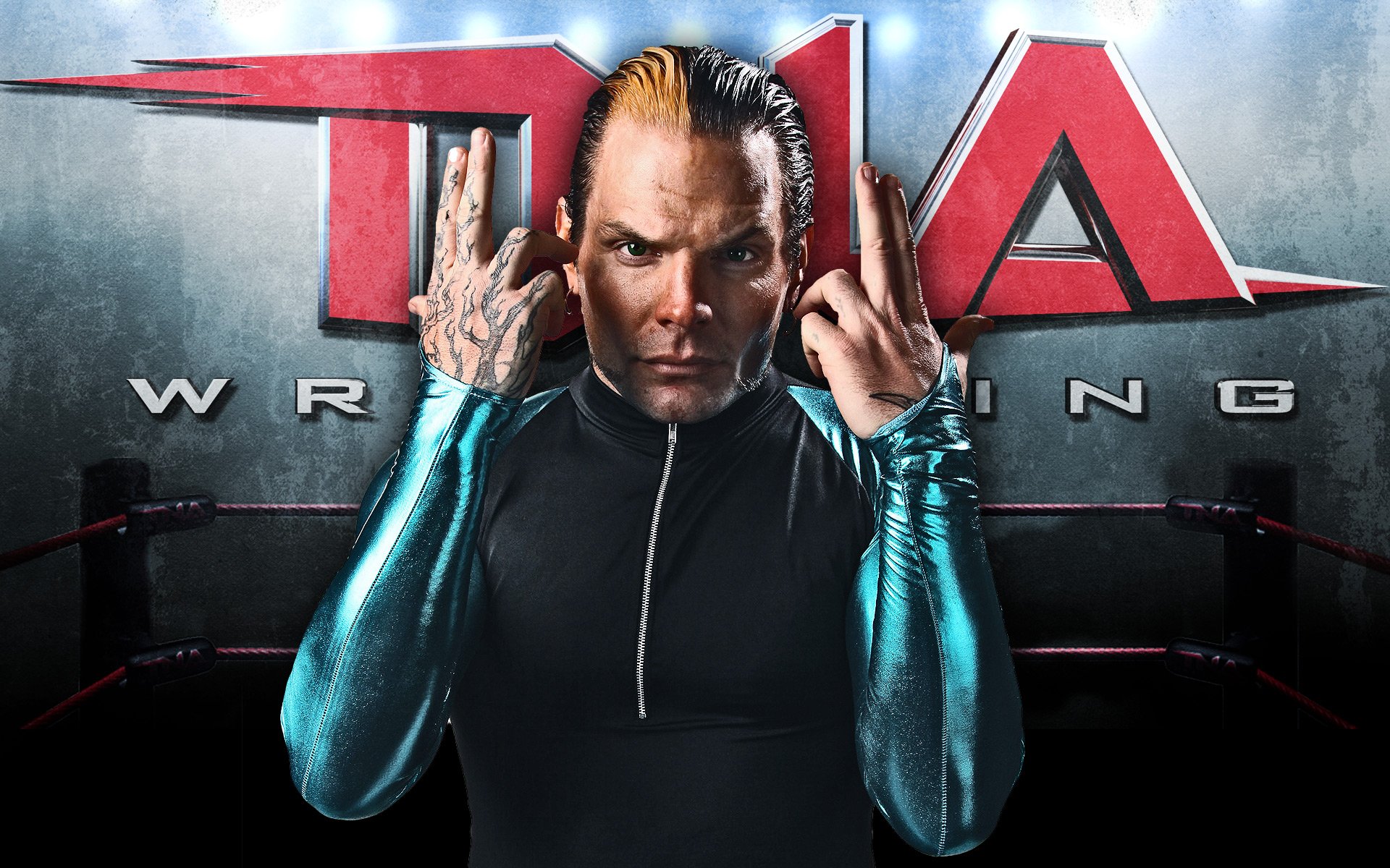 A high-definition desktop wallpaper featuring a TNA wrestler standing in the ring with the TNA logo prominently displayed in the background.