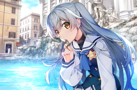 HD desktop wallpaper featuring Shishigaya Touka from the anime Grisaia: Phantom Trigger, against an elegant backdrop with a fountain and historical architecture.