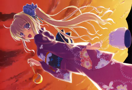 5K Ultra HD PC anime original wallpaper — smiling blonde girl in a purple yukata kimono holding a round toy, backlit by a vivid orange-red sunset.
