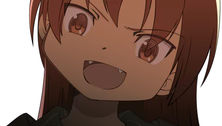 Close-up of Kyōko Sakura from Puella Magi Madoka Magica — anime character with red hair, fanged grin and red eyes; 2K Quad HD PC desktop wallpaper/background.