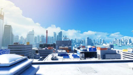 HD PC desktop wallpaper showcasing a bright, futuristic cityscape from the video game Mirror's Edge with CGI-style clean architecture under a clear blue sky.