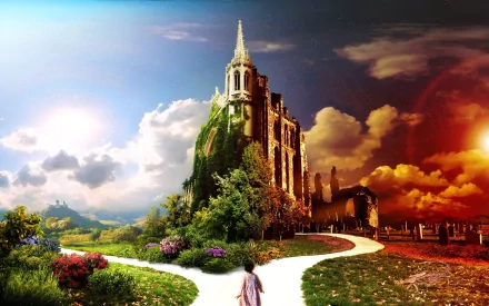 HD desktop wallpaper featuring a fantasy castle surrounded by lush greenery, with a path leading towards it. The sky transitions from daylight to twilight, adding a magical ambiance to the scene.