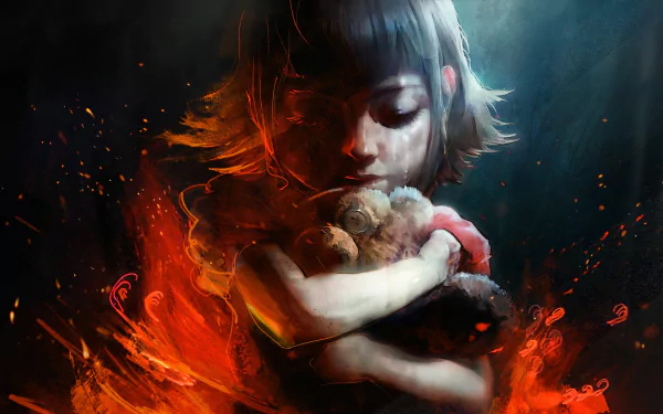 Annie from League of Legends, a little girl with short hair, is depicted crying and holding a stuffed animal in this HD wallpaper. The background is dark with fiery tones illuminating her figure.