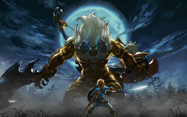 HD desktop wallpaper of Link from The Legend of Zelda: Breath of the Wild, facing off against a towering golden beast under a moonlit sky.