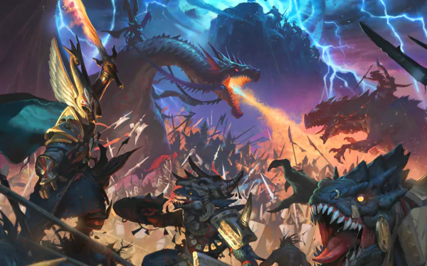 HD wallpaper of Total War: Warhammer II featuring epic battle scene with dragons and warriors amidst lightning strikes.