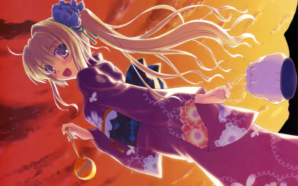 5K Ultra HD PC anime original wallpaper — smiling blonde girl in a purple yukata kimono holding a round toy, backlit by a vivid orange-red sunset.