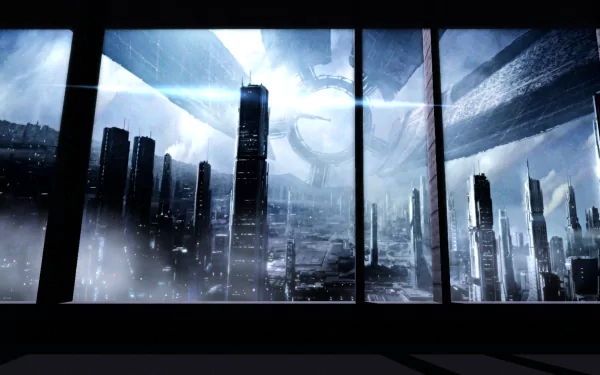 HD desktop wallpaper and background featuring the Citadel from the video game Mass Effect. The image displays a futuristic cityscape with towering buildings under a cloudy sky.