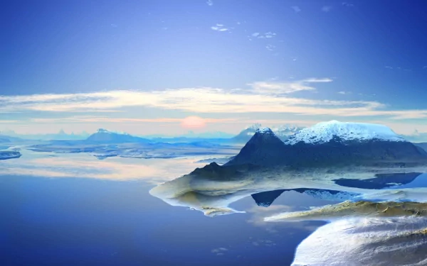 HD PC desktop wallpaper featuring a serene fantasy landscape with snowy mountains, calm waters, and a bright sky creating a tranquil and immersive atmosphere.