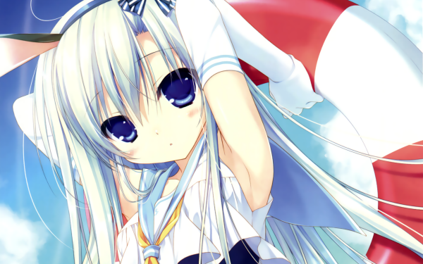 Anime Original Bunny Ears Swimsuit Buoy Glove Long Hair Blush Blue Eyes Blue Hair HD Wallpaper | Background Image