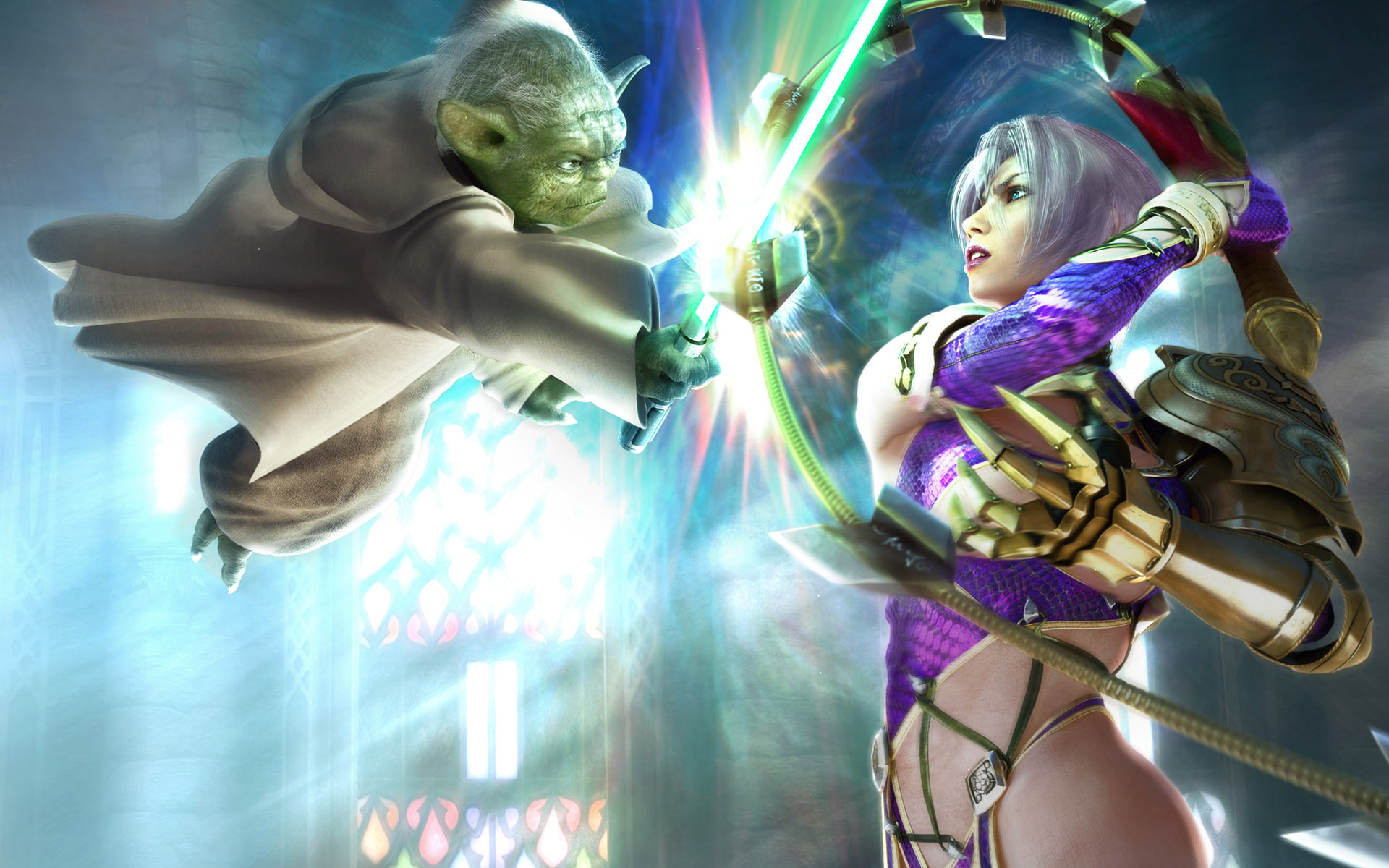 Yoda engaging in an epic battle in a game.
