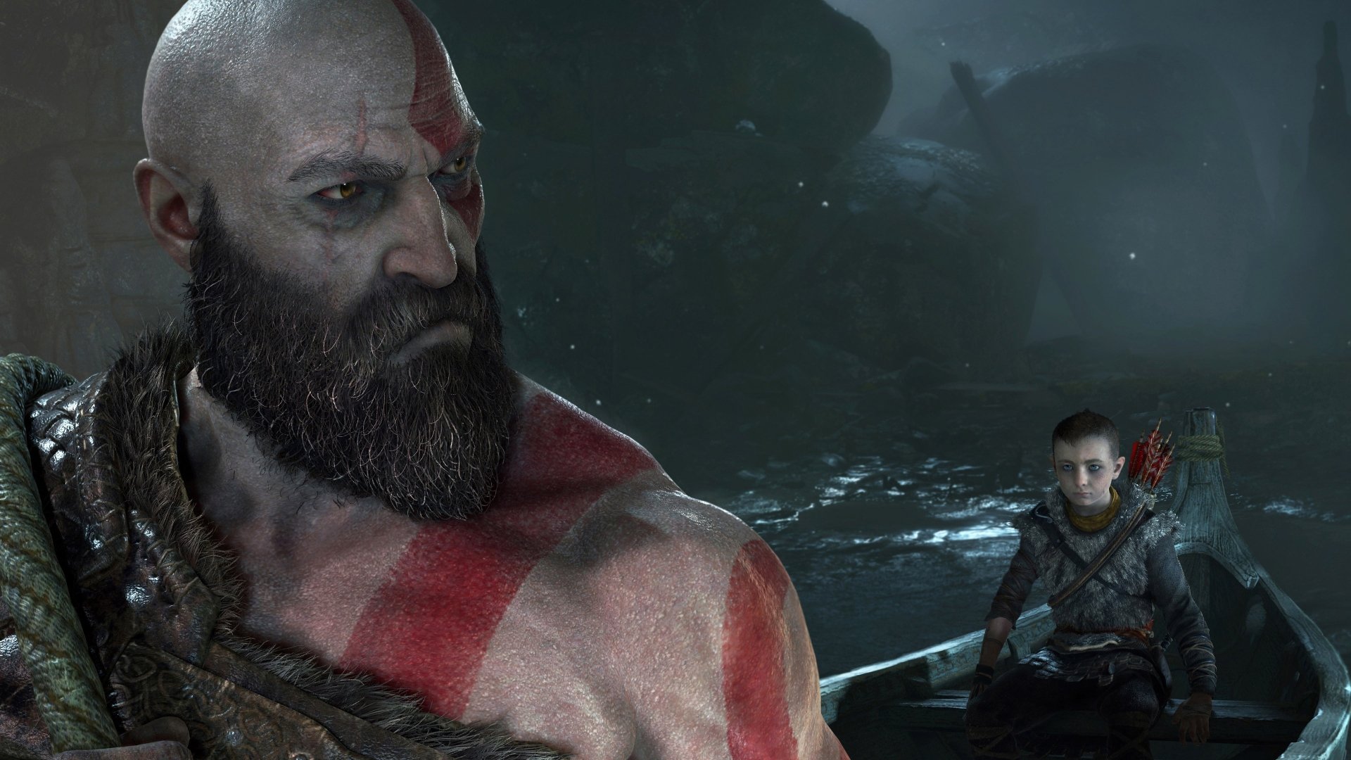 A HD desktop wallpaper featuring Kratos from God of War (2018), with a stern expression, and his son Atreus in the background, surrounded by a dark, misty environment from the game.