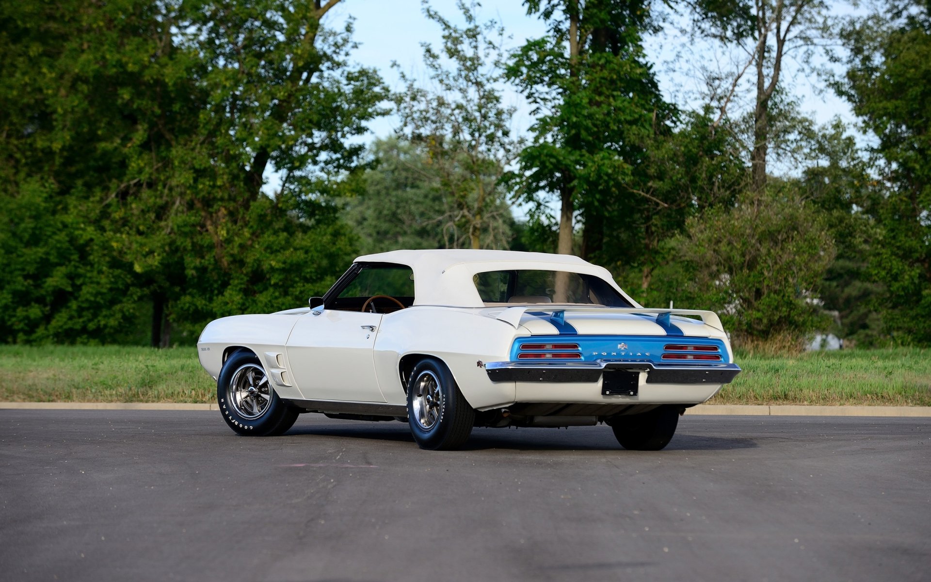 White Pontiac Trans Am convertible muscle car parked on pavement with trees — Pontiac vehicle captured as a 2K Quad HD PC desktop wallpaper background.
