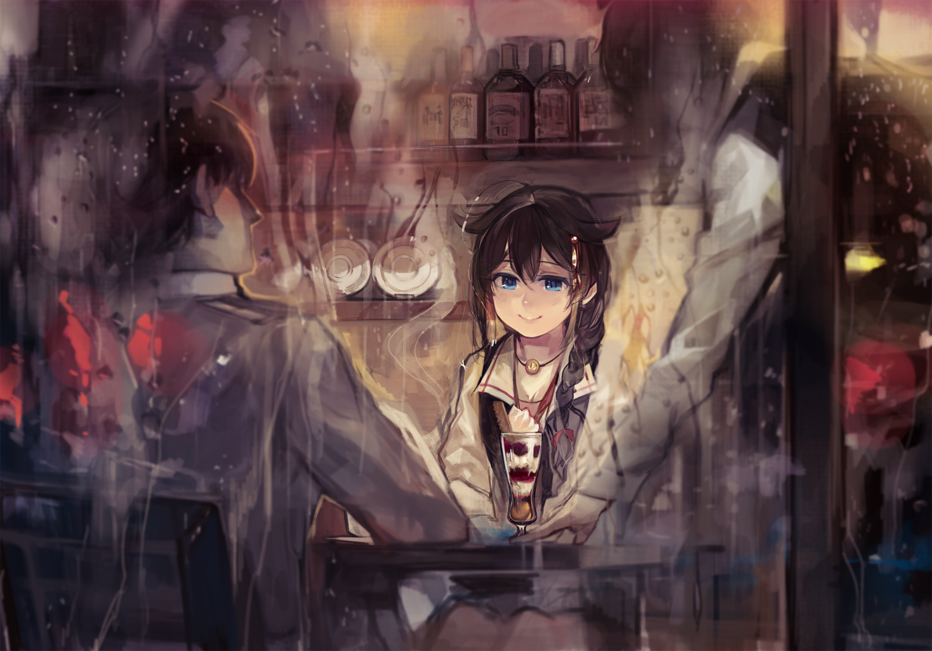 HD PC desktop wallpaper featuring Shigure from Kantai Collection, portrayed as an admiral in an atmospheric anime-style scene with warm, detailed lighting.