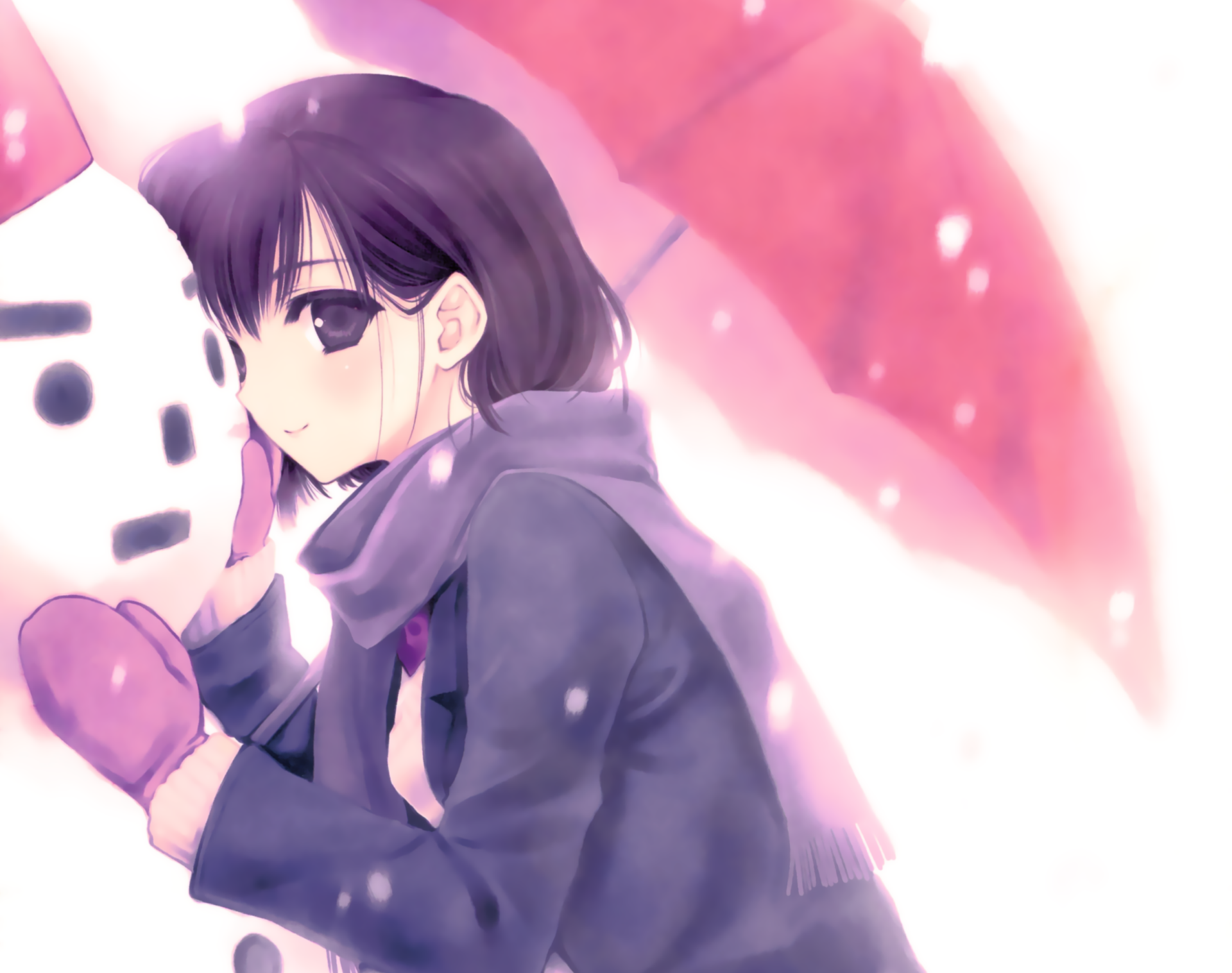 Anime girl with black eyes and short black hair smiles softly under a pink umbrella, wearing a scarf and gloves in the snow beside a snowman, perfect HD desktop wallpaper.