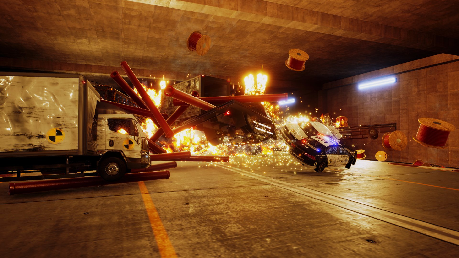 HD desktop wallpaper featuring an intense action scene in a danger zone with an explosive crash and flying debris in an underpass.