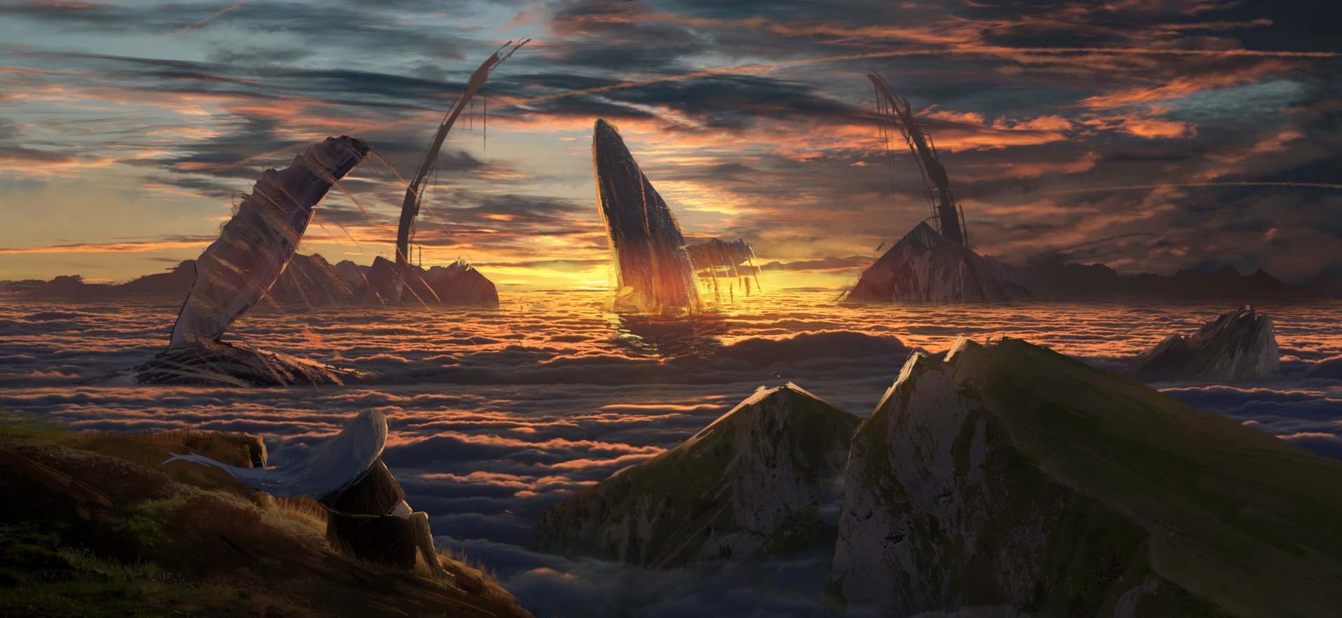 HD anime wallpaper featuring a breathtaking sunset over a surreal landscape with towering rock formations rising through the clouds.