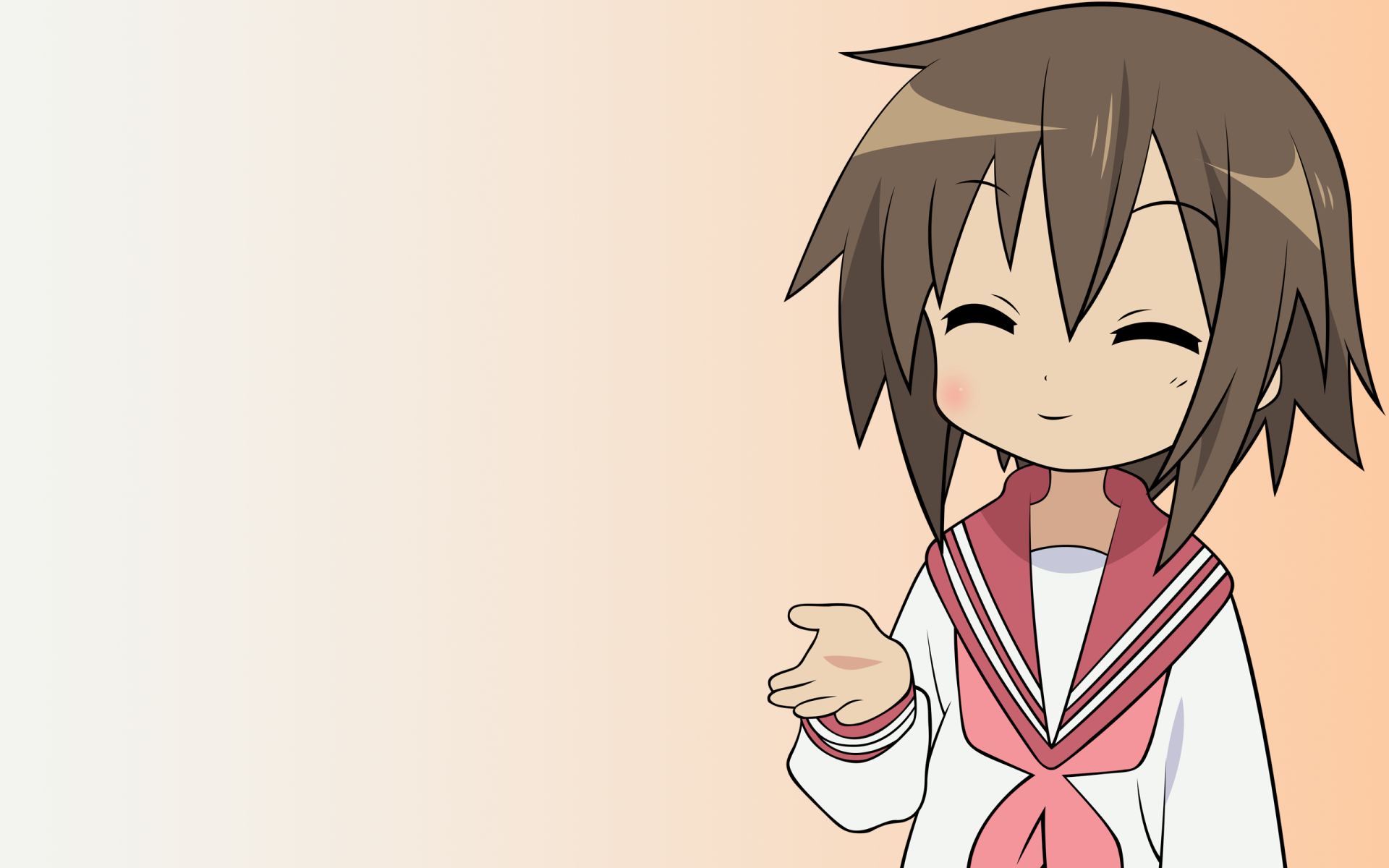 Misao Kusakabe (Lucky Star) anime character smiling with eyes closed, wearing a pink-sailor school uniform and outstretched hand on a soft beige gradient — 2K Quad HD PC wallpaper background.