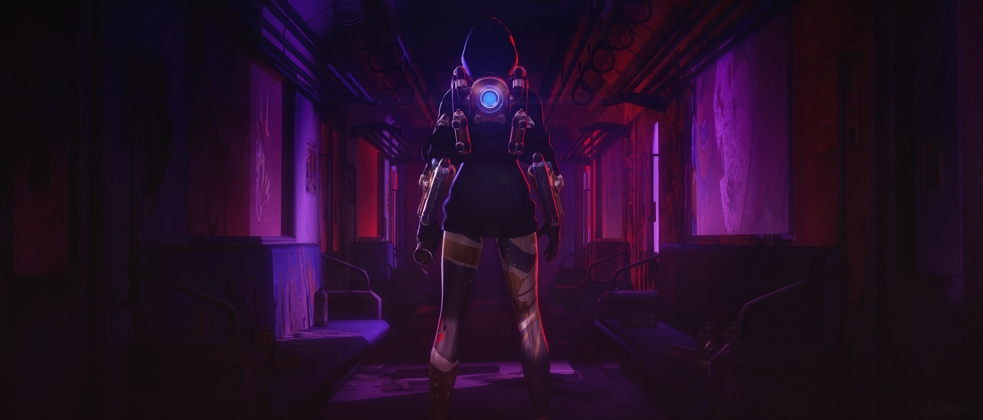 HD desktop wallpaper featuring Tracer from Overwatch, standing in a dark, futuristic setting with vibrant neon lights illuminating the scene.