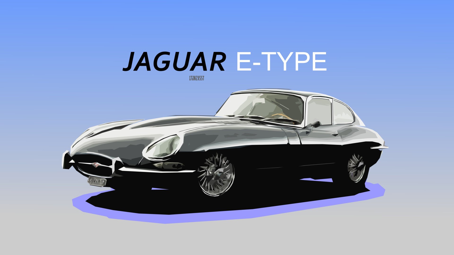 Vector illustration of a classic black and white vintage Jaguar E-Type car on a blue gradient background, designed as an HD PC desktop wallpaper.