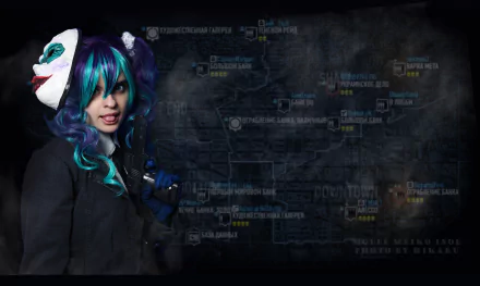 4K Ultra HD Payday 2 desktop wallpaper featuring a woman in colorful cosplay with a mask and vibrant blue-purple hair against a dark map background.