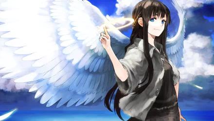 HD desktop wallpaper featuring an anime angel with white wings and a halo, against a blue sky background.