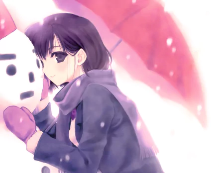 Anime girl with black eyes and short black hair smiles softly under a pink umbrella, wearing a scarf and gloves in the snow beside a snowman, perfect HD desktop wallpaper.