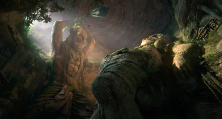 HD PC desktop wallpaper featuring an ancient statue from the video game Uncharted: The Lost Legacy, set in a mystical, overgrown environment.