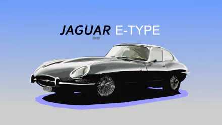 Vector illustration of a classic black and white vintage Jaguar E-Type car on a blue gradient background, designed as an HD PC desktop wallpaper.