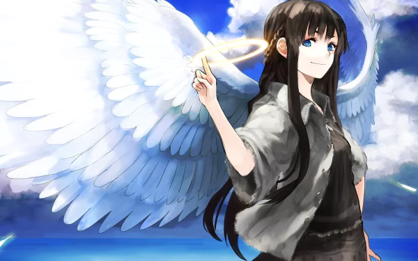 HD desktop wallpaper featuring an anime angel with white wings and a halo, against a blue sky background.