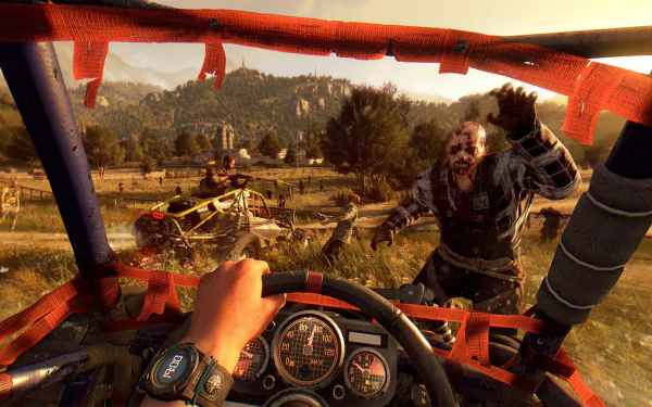 HD desktop wallpaper from Dying Light: The Following, showing a first-person view of a player driving a buggy with a zombie attack.