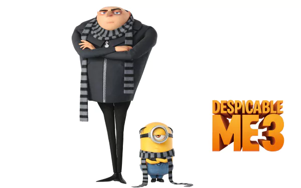 Gru and Stuart from Despicable Me 3 stand side by side with the movie logo, featured in a sharp 4K Ultra HD desktop wallpaper.