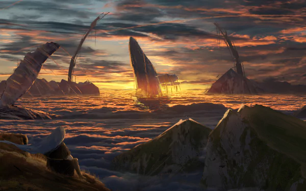 HD anime wallpaper featuring a breathtaking sunset over a surreal landscape with towering rock formations rising through the clouds.