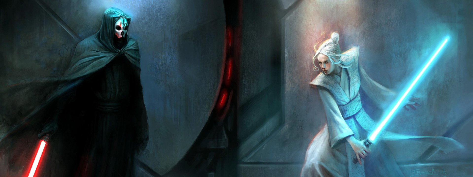 HD PC desktop wallpaper featuring a dark, mysterious sci-fi scene inspired by Star Wars, with two cloaked characters facing each other in a futuristic, dimly lit setting.