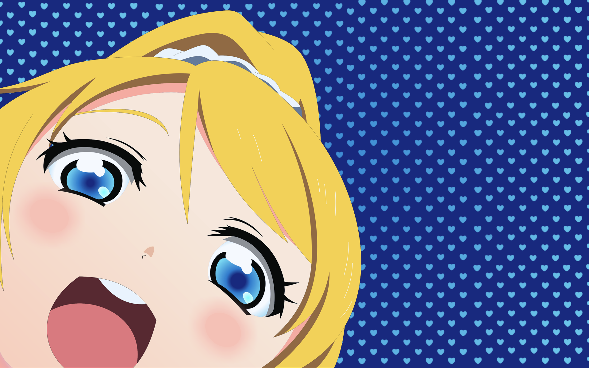 HD desktop wallpaper featuring Eri Ayase from the anime Love Live!, showcasing her bright blue eyes and cheerful expression against a blue heart-patterned background.