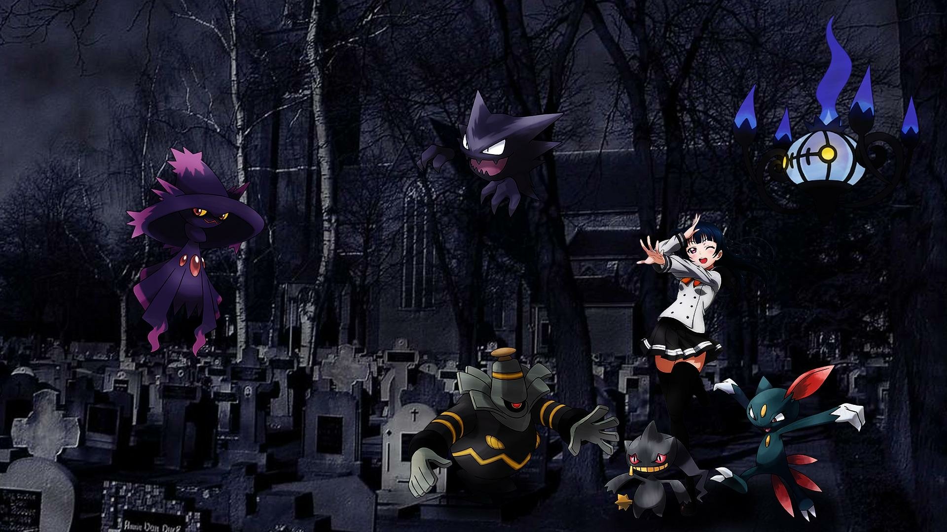 HD PC desktop wallpaper: anime crossover of Yoshiko Tsushima in a moonlit graveyard, surrounded by ghost-type Pokémon and shadowy spirits.