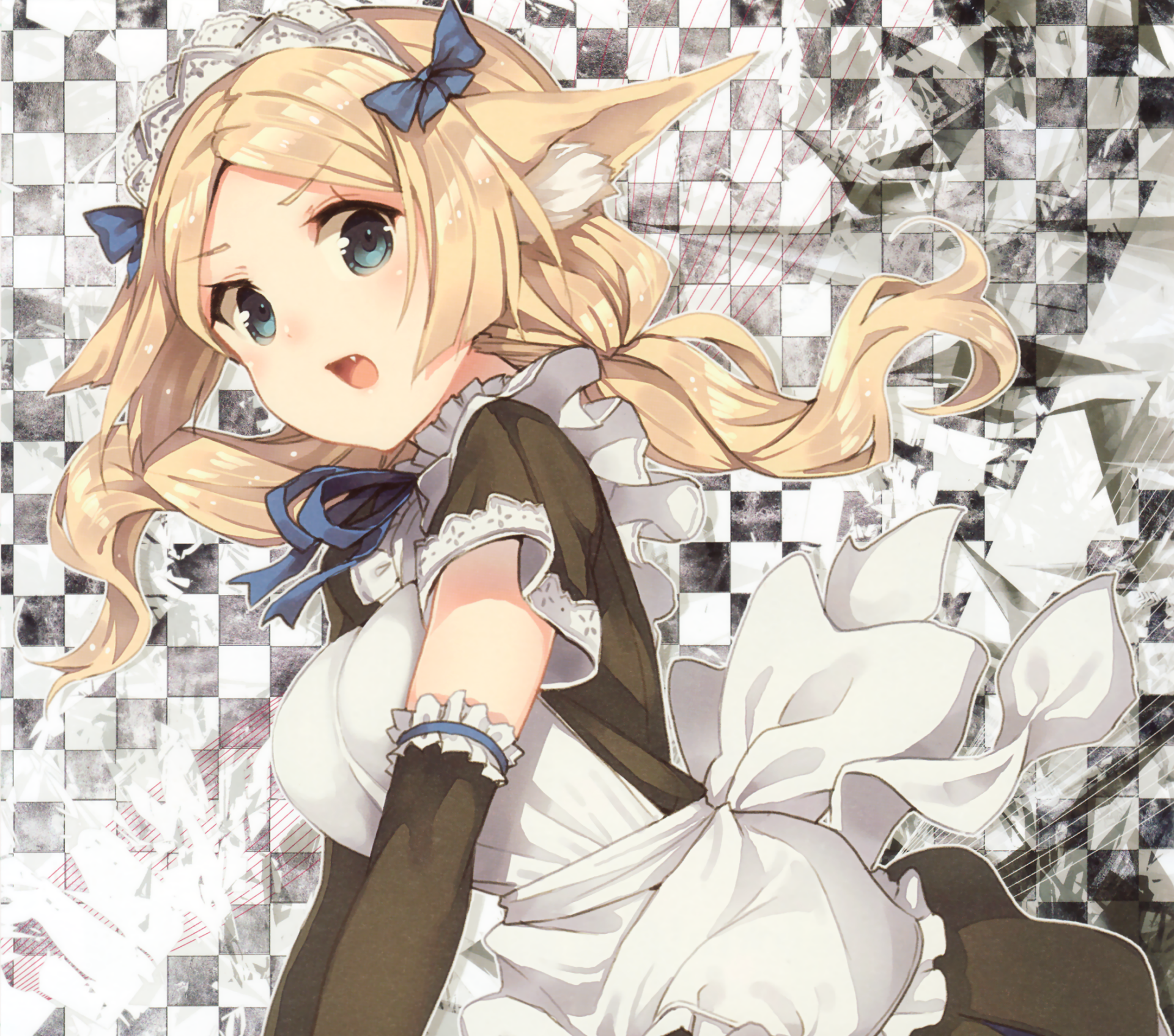 Anime-style original character with long blonde hair, blue eyes, pointed ears, wearing a maid outfit with apron, gloves, and ribbon, featuring a soft blush on her cheeks.