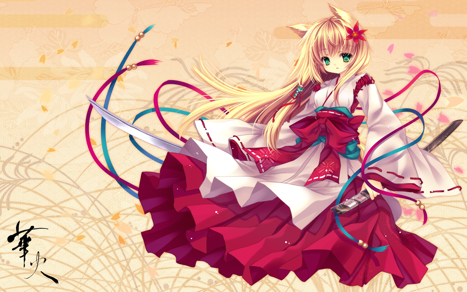 Anime original HD PC desktop wallpaper and background of a long brown-haired miko in a red-and-white kimono with a bow and flower in her hair, wielding a sword amid flowing ribbons.