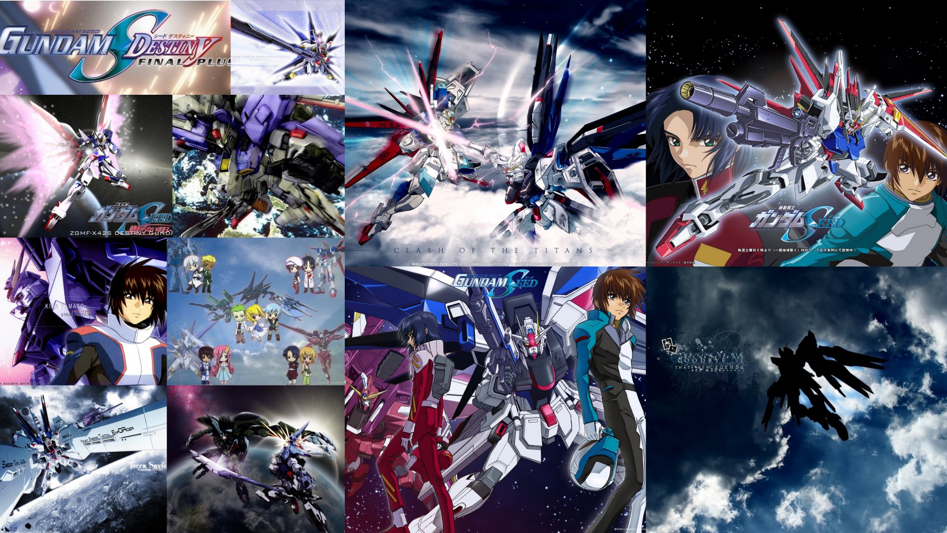 A dynamic HD desktop wallpaper featuring various Gundam robots in an anime style, showcasing dramatic battles and vibrant visuals against a cosmic backdrop.