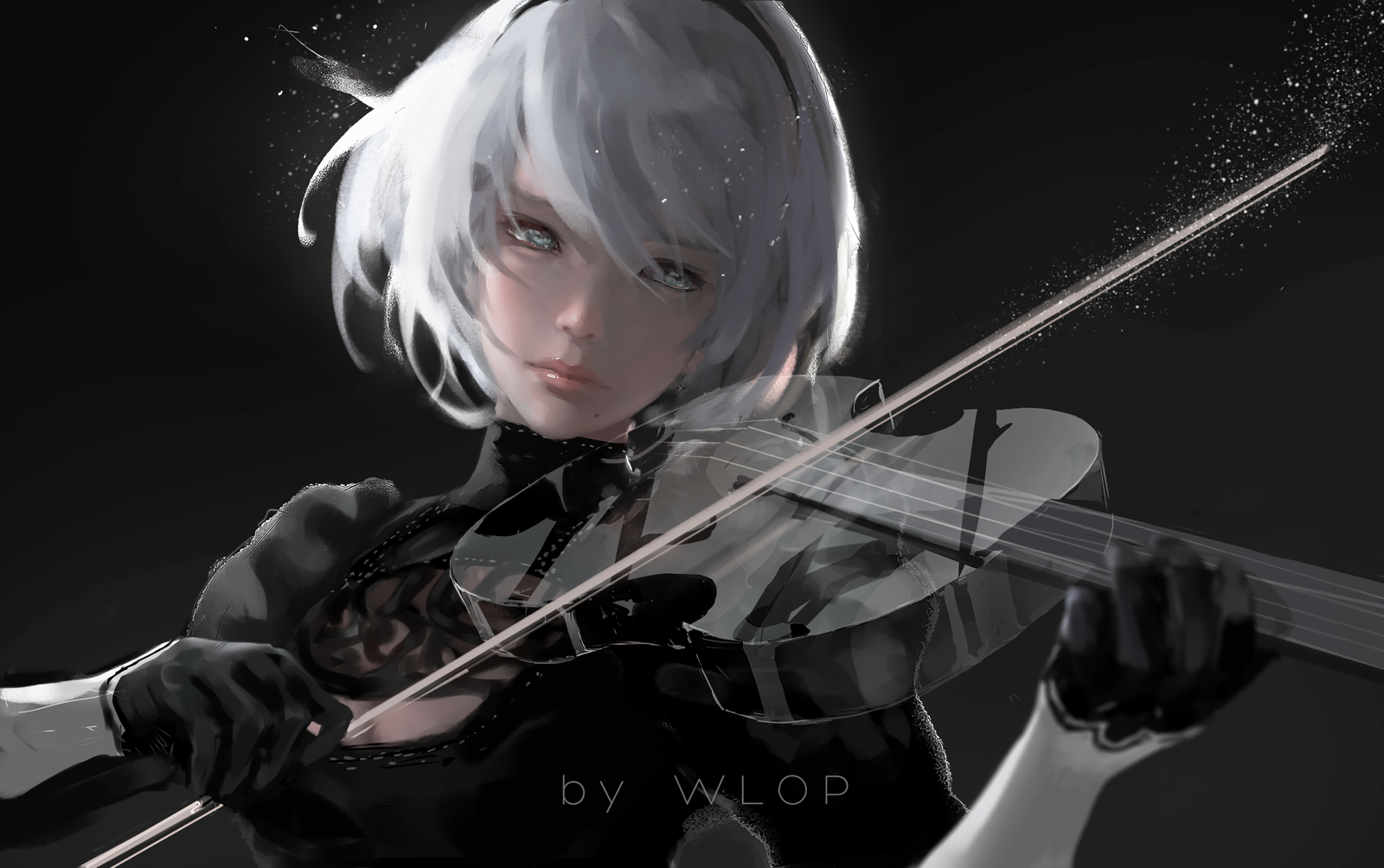 HD desktop wallpaper featuring YoRHa No.2 Type B from the video game NieR: Automata playing a violin. Art by WLOP.