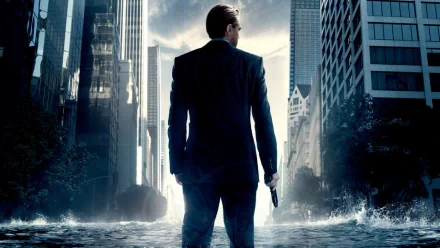 A dramatic HD wallpaper from the movie *Inception*, featuring a figure in a suit standing in a flooded urban landscape, with towering skyscrapers in the background.