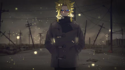 HD wallpaper of All Might from My Hero Academia, standing in a dark, desolate urban setting, surrounded by floating particles.