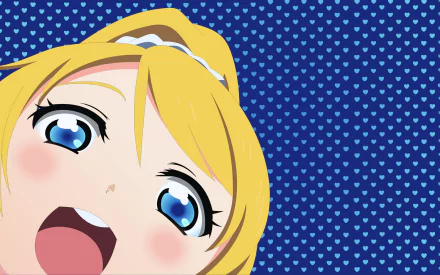 HD desktop wallpaper featuring Eri Ayase from the anime Love Live!, showcasing her bright blue eyes and cheerful expression against a blue heart-patterned background.