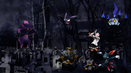 HD PC desktop wallpaper: anime crossover of Yoshiko Tsushima in a moonlit graveyard, surrounded by ghost-type Pokémon and shadowy spirits.