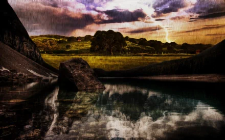 HD artistic man-made desktop wallpaper featuring a serene landscape with reflective water, rocky structures, and a dramatic cloudy sky at sunset.