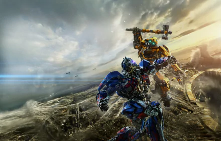 HD desktop wallpaper of a scene from Transformers: The Last Knight, featuring Bumblebee and Optimus Prime in an intense battle with a dramatic landscape backdrop.
